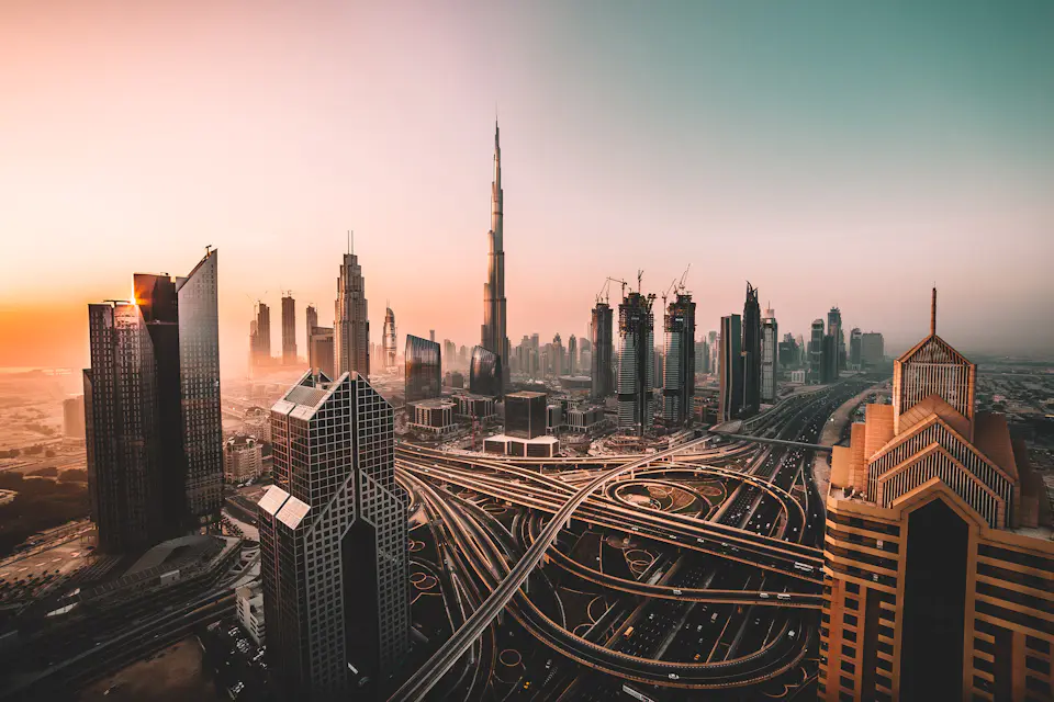 Dubai skyline and road network